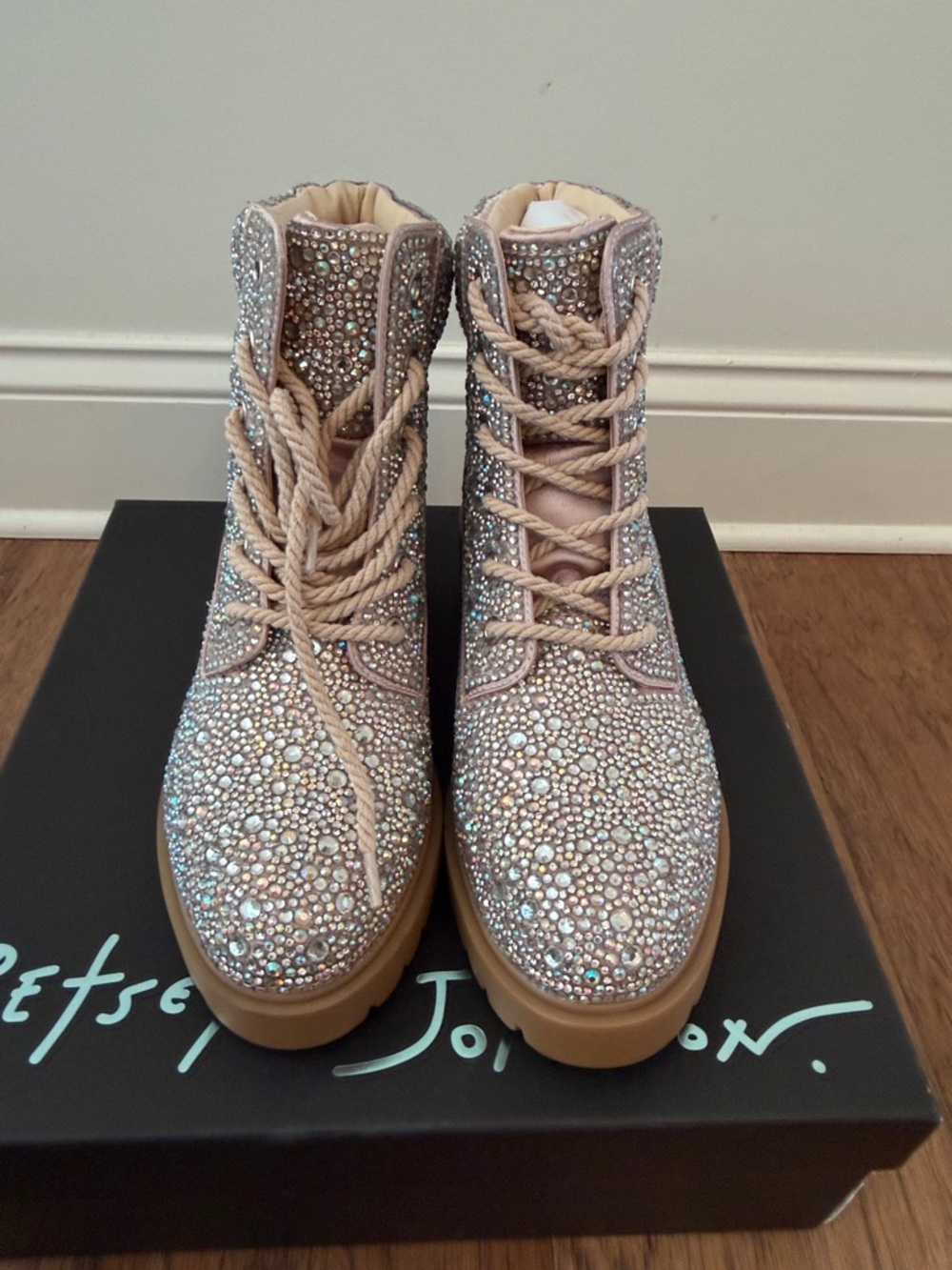 Betsey Johnson Hudsn Rhinestone Combat Boots with Pink Crystals and Tan Lug Sole - Picture 3 of 5